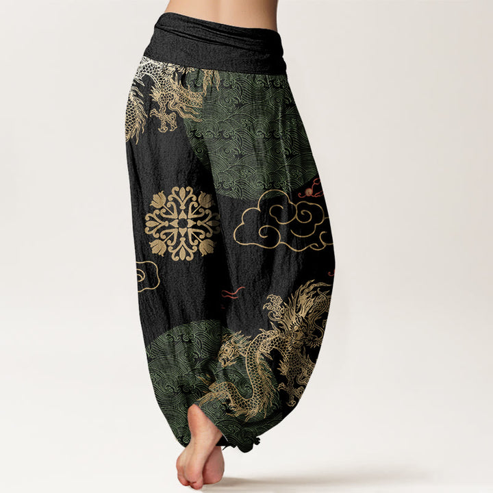 Buddha Stones Casual Golden Dragon And Auspicious Cloud Pattern Women's Elastic Waist Harem Pants - image 7