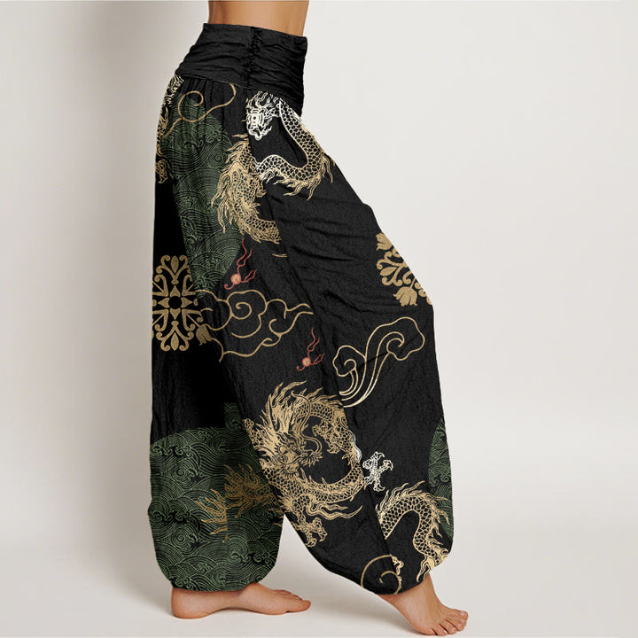Buddha Stones Casual Golden Dragon And Auspicious Cloud Pattern Women's Elastic Waist Harem Pants - image 6