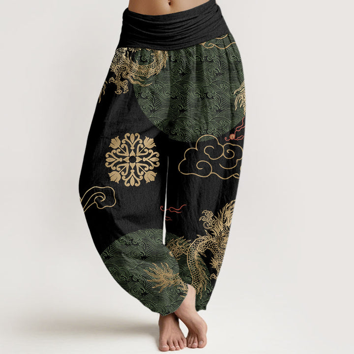 Buddha Stones Casual Golden Dragon And Auspicious Cloud Pattern Women's Elastic Waist Harem Pants - Black - US22，UK/AU26，EU54 (6XL) - image 5