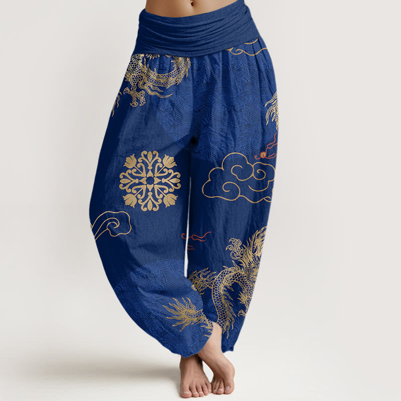 Buddha Stones Casual Golden Dragon And Auspicious Cloud Pattern Women's Elastic Waist Harem Pants - MediumBlue - US22，UK/AU26，EU54 (6XL) - image 8