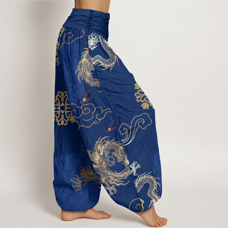 Buddha Stones Casual Golden Dragon And Auspicious Cloud Pattern Women's Elastic Waist Harem Pants - image 8