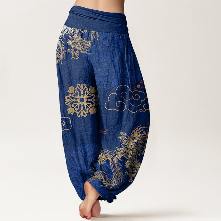 Buddha Stones Casual Golden Dragon And Auspicious Cloud Pattern Women's Elastic Waist Harem Pants - image 9