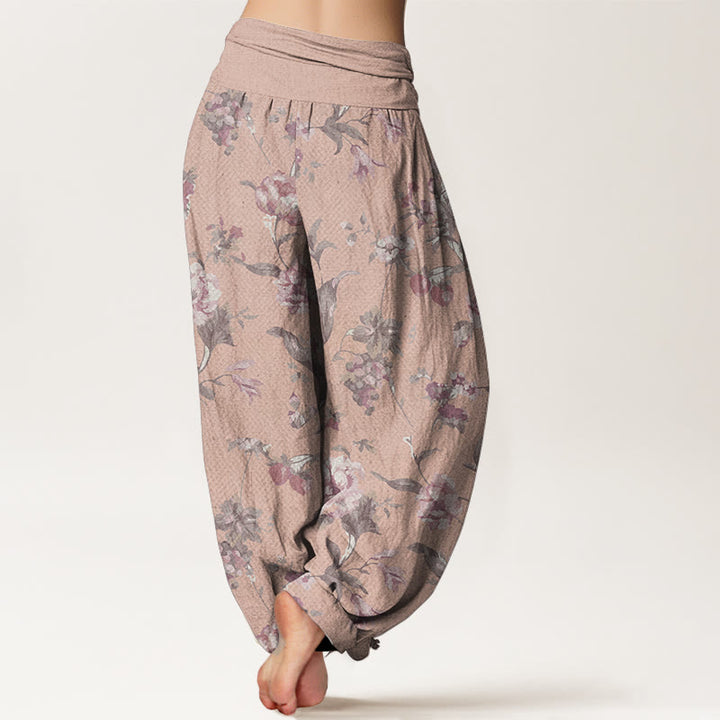 Buddha Stones Pure Cotton Casual Pink Flowers Pattern Women's Elastic Waist Harem Pants - image 7