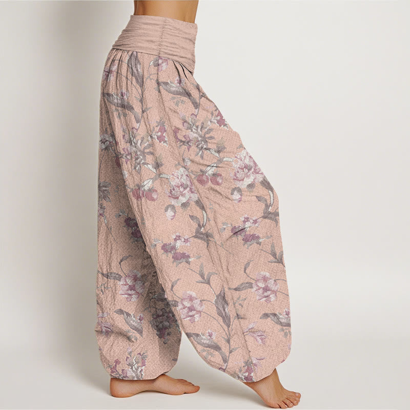 Buddha Stones Pure Cotton Casual Pink Flowers Pattern Women's Elastic Waist Harem Pants - image 8