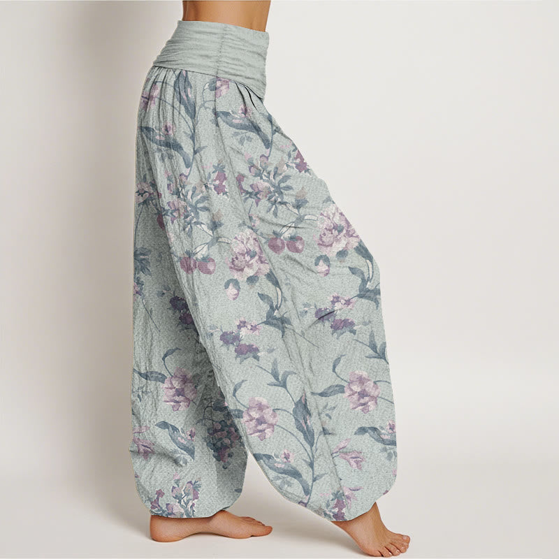 Buddha Stones Pure Cotton Casual Pink Flowers Pattern Women's Elastic Waist Harem Pants - image 11