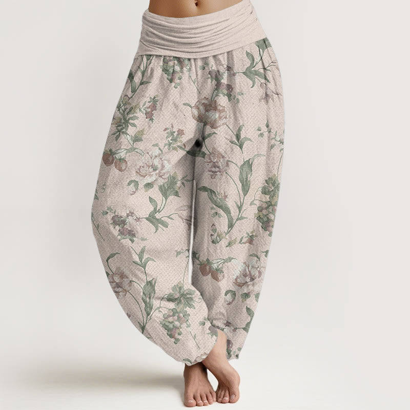 Buddha Stones Pure Cotton Casual Pink Flowers Pattern Women's Elastic Waist Harem Pants