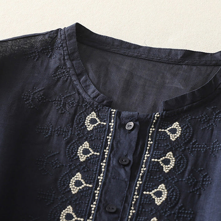 Buddha Stones Symmetrical Embroidery Cotton Linen Women's Half Sleeves Shirt - image 3
