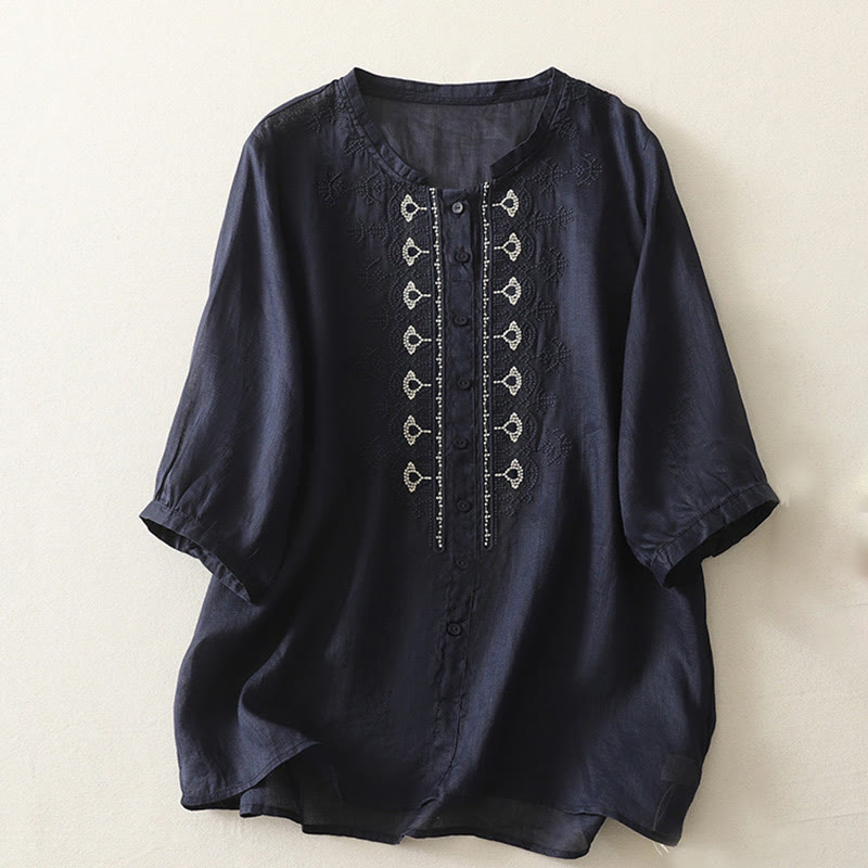 Buddha Stones Symmetrical Embroidery Cotton Linen Women's Half Sleeves Shirt - MidnightBlue - US8-10，UK/AU12-14，EU40-42 (2XL) - image 1