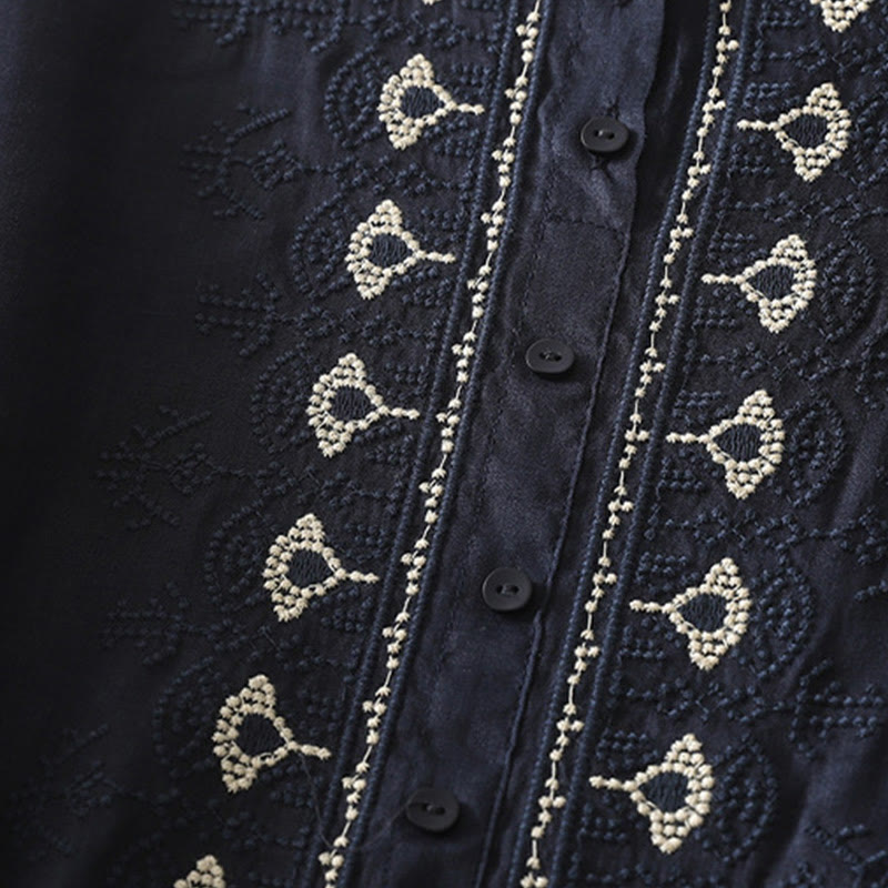 Buddha Stones Symmetrical Embroidery Cotton Linen Women's Half Sleeves Shirt - image 5