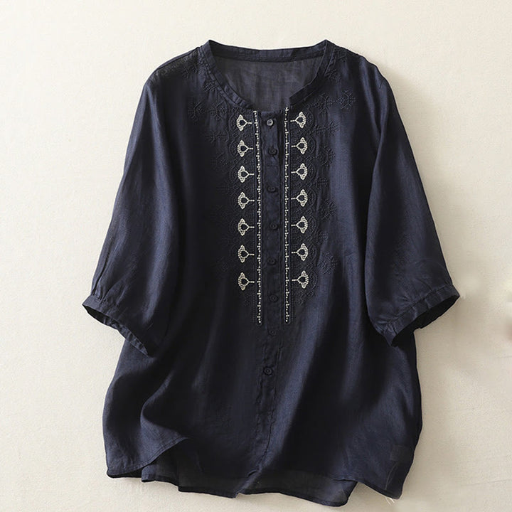 Buddha Stones Symmetrical Embroidery Cotton Linen Women's Half Sleeves Shirt - MidnightBlue - US8-10，UK/AU12-14，EU40-42 (2XL) - image 0