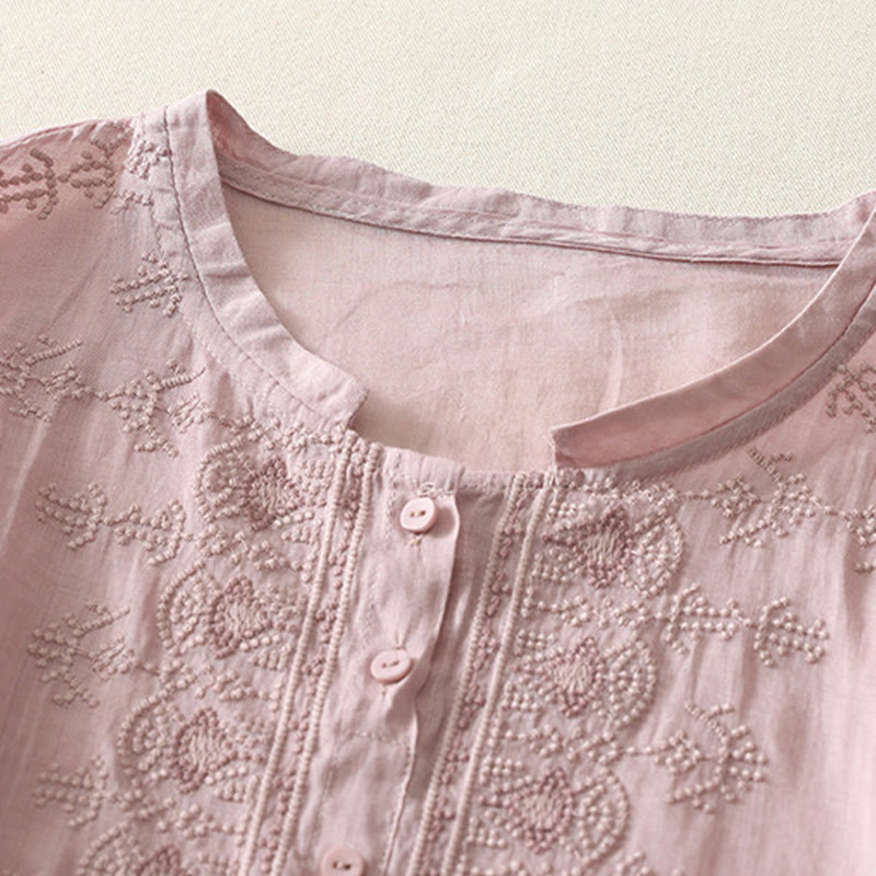 Buddha Stones Symmetrical Embroidery Cotton Linen Women's Half Sleeves Shirt - image 12