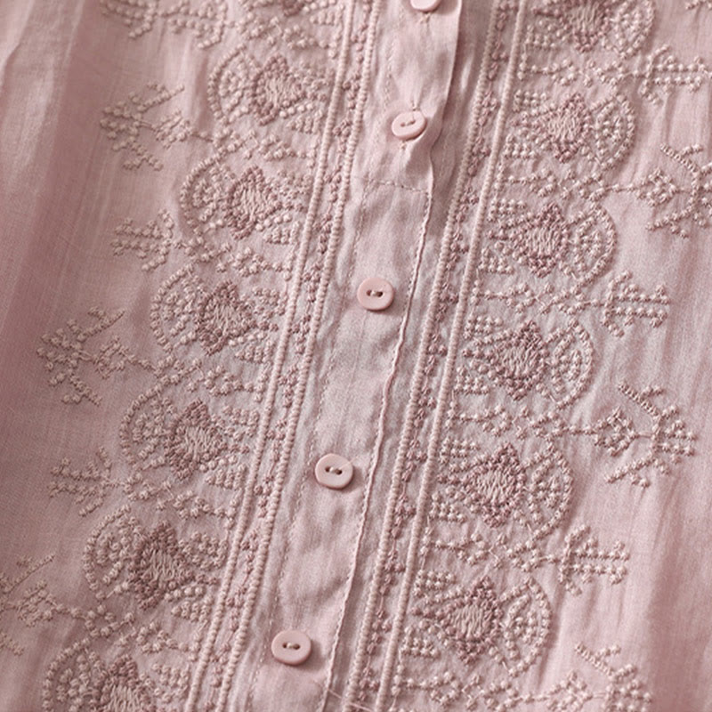 Buddha Stones Symmetrical Embroidery Cotton Linen Women's Half Sleeves Shirt - image 10