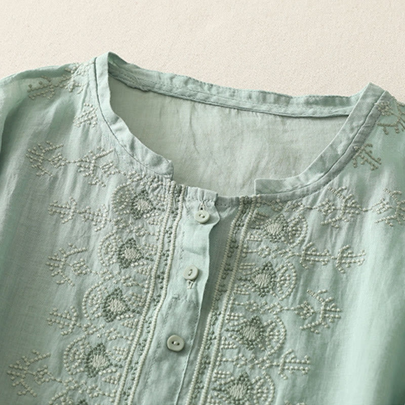 Buddha Stones Symmetrical Embroidery Cotton Linen Women's Half Sleeves Shirt - image 14
