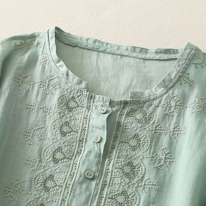 Buddha Stones Symmetrical Embroidery Cotton Linen Women's Half Sleeves Shirt - image 15
