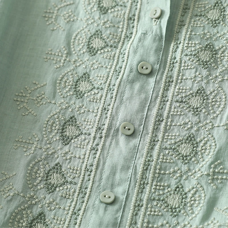 Buddha Stones Symmetrical Embroidery Cotton Linen Women's Half Sleeves Shirt - image 16