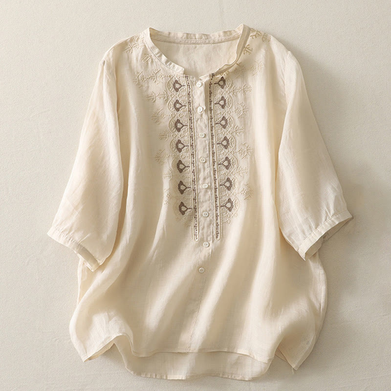 Buddha Stones Symmetrical Embroidery Cotton Linen Women's Half Sleeves Shirt - LightGoldenrodYellow - US8-10，UK/AU12-14，EU40-42 (2XL) - image 17