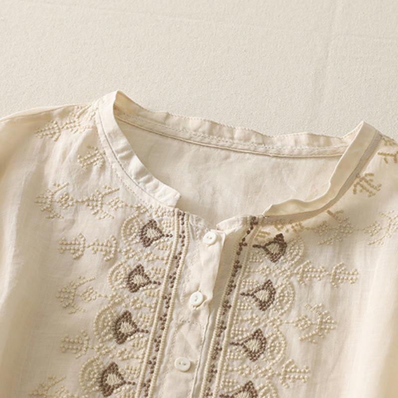 Buddha Stones Symmetrical Embroidery Cotton Linen Women's Half Sleeves Shirt - image 19