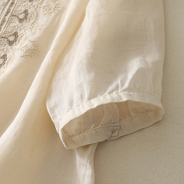 Buddha Stones Symmetrical Embroidery Cotton Linen Women's Half Sleeves Shirt - image 23