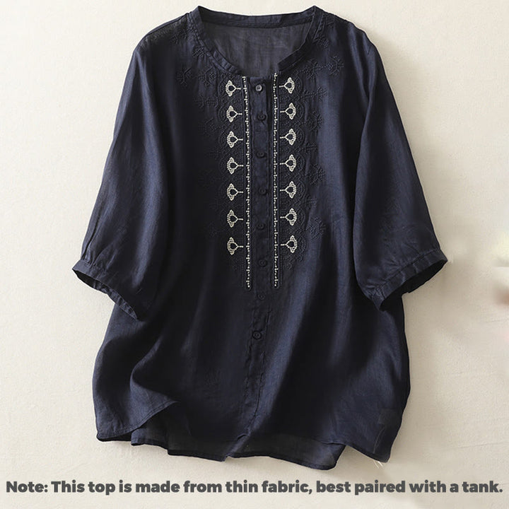 Buddha Stones Symmetrical Embroidery Cotton Linen Women's Half Sleeves Shirt - image 2