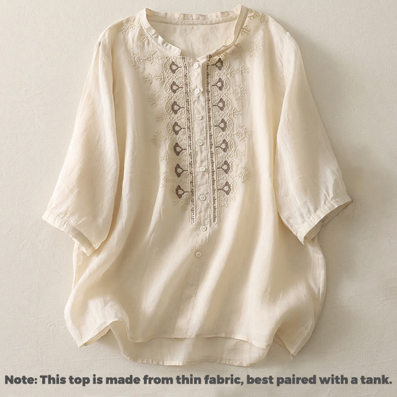 Buddha Stones Symmetrical Embroidery Cotton Linen Women's Half Sleeves Shirt - image 18