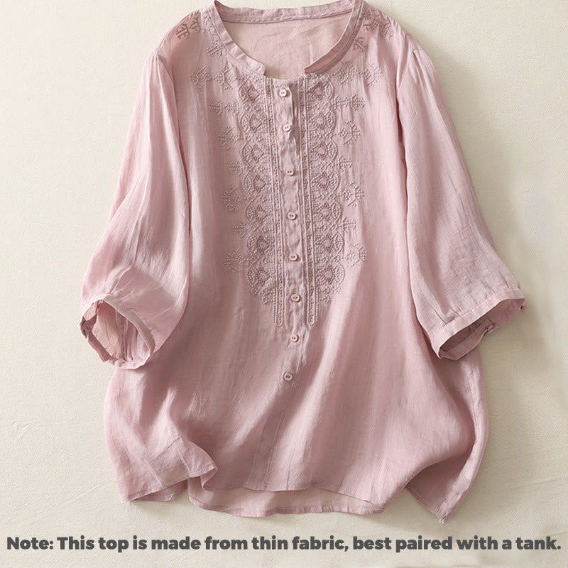 Buddha Stones Symmetrical Embroidery Cotton Linen Women's Half Sleeves Shirt - image 8