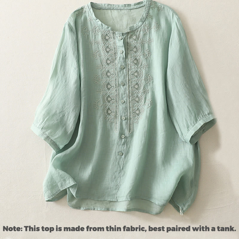 Buddha Stones Symmetrical Embroidery Cotton Linen Women's Half Sleeves Shirt - image 14