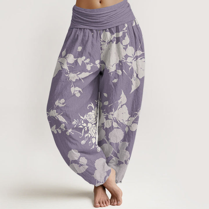 Buddha Stones Pure Cotton Blooming Budding Flowers Pattern Women's Elastic Waist Harem Pants - Plum - US22，UK/AU26，EU54 (6XL) - image 9