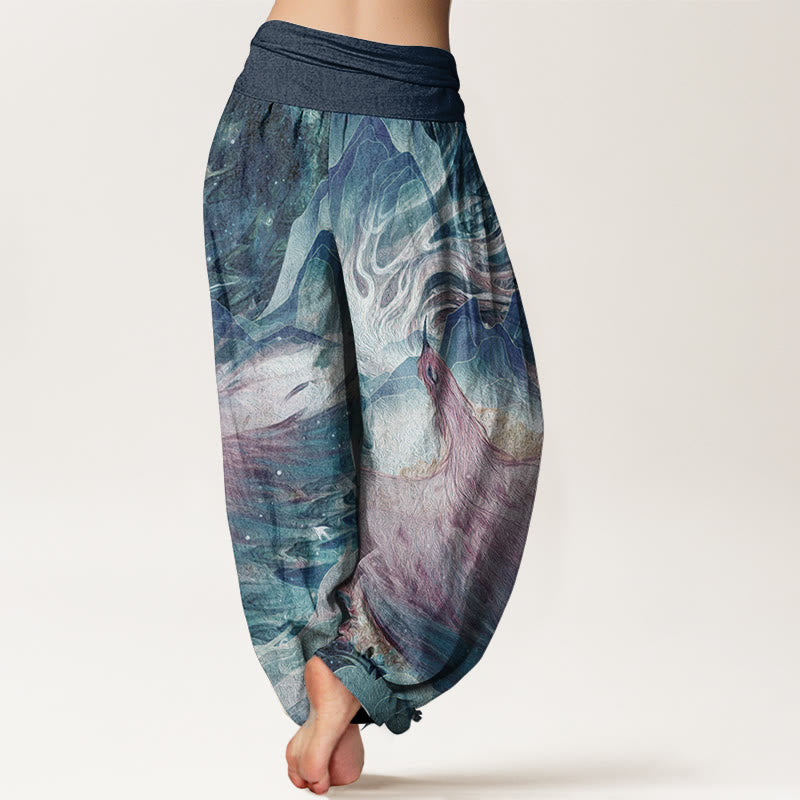 Buddha Stones Pure Cotton Mythical Creature Pattern Women's Elastic Waist Harem Pants - image 1