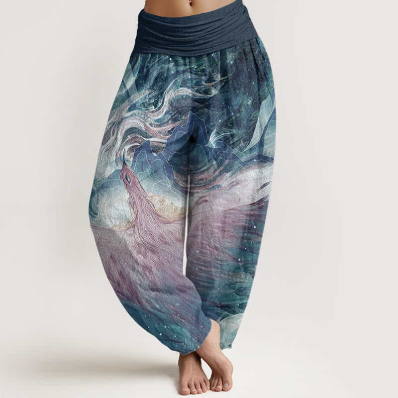 Buddha Stones Pure Cotton Mythical Creature Pattern Women's Elastic Waist Harem Pants