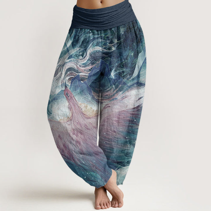 Buddha Stones Pure Cotton Mythical Creature Pattern Women's Elastic Waist Harem Pants
