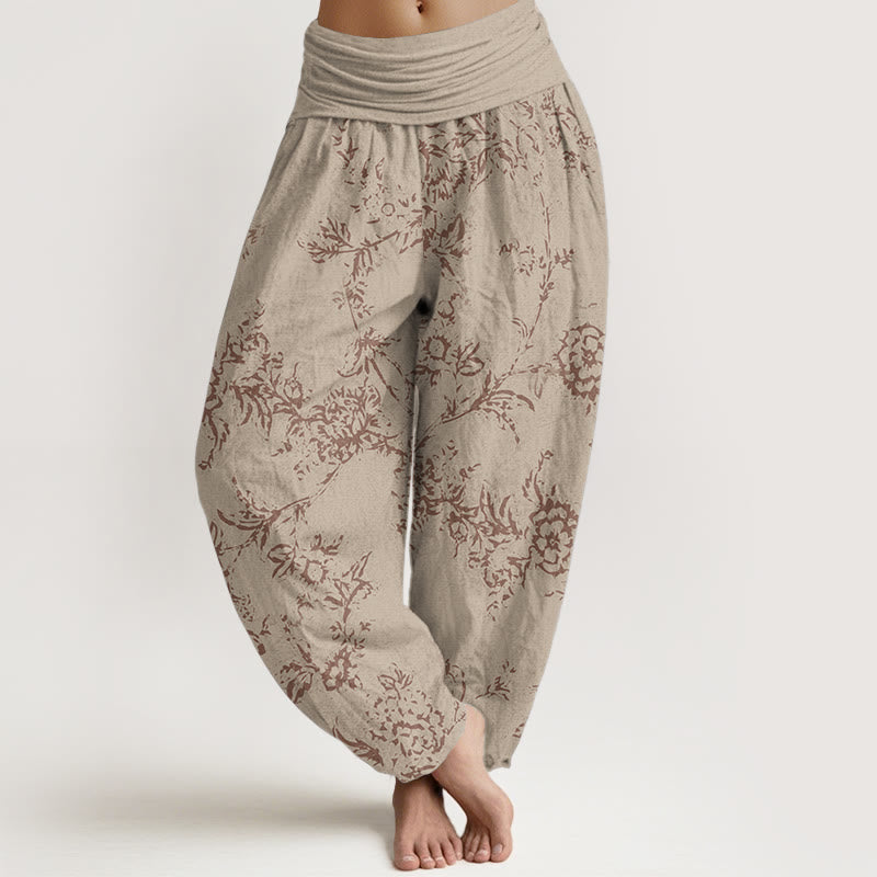 Buddha Stones Pure Cotton Flowers Pattern Women's Elastic Waist Harem Pants - Khaki - US22，UK/AU26，EU54 (6XL) - image 6