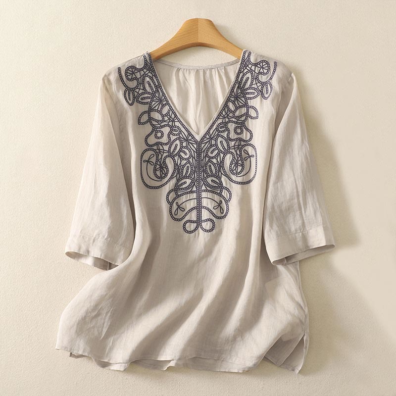 Buddha Stones Embroidered V-neck Casual Women's Cotton Linen Half Sleeve T-shirt - Beige - US14，UK/AU18，EU46 (2XL) - image 1