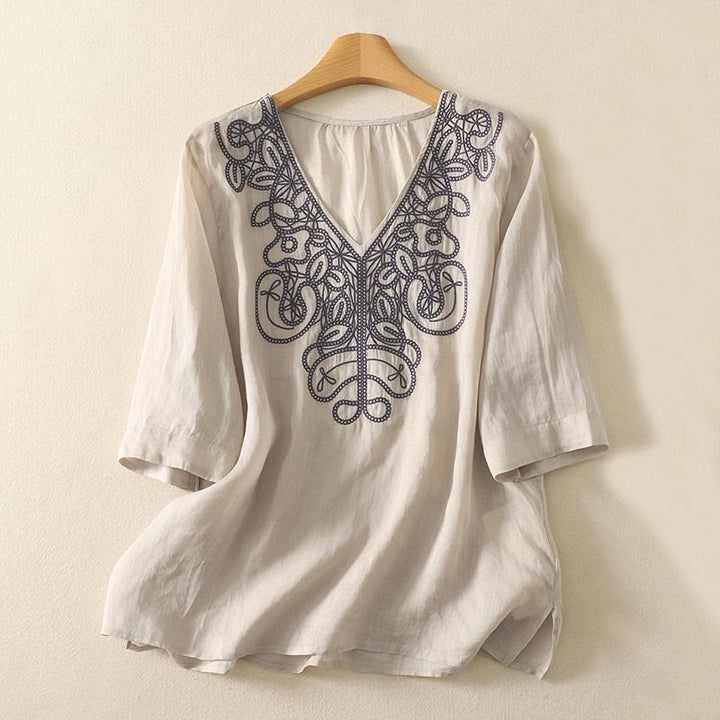 Buddha Stones Embroidered V-neck Casual Women's Half Sleeve T-shirt - Beige - US14，UK/AU18，EU46 (2XL) - image 0
