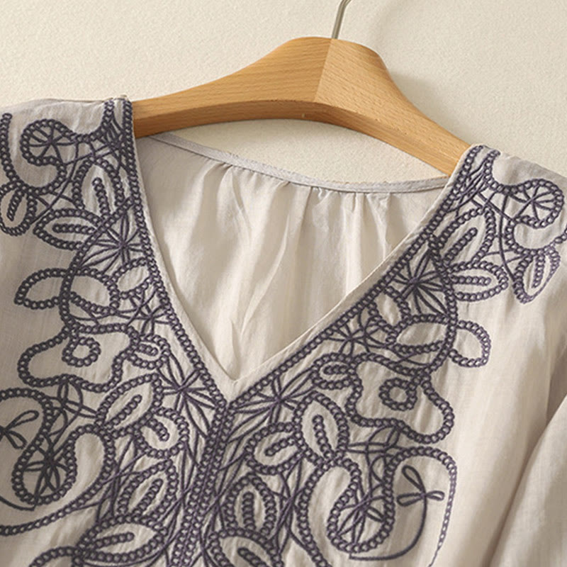 Buddha Stones Embroidered V-neck Casual Women's Cotton Linen Half Sleeve T-shirt - image 3