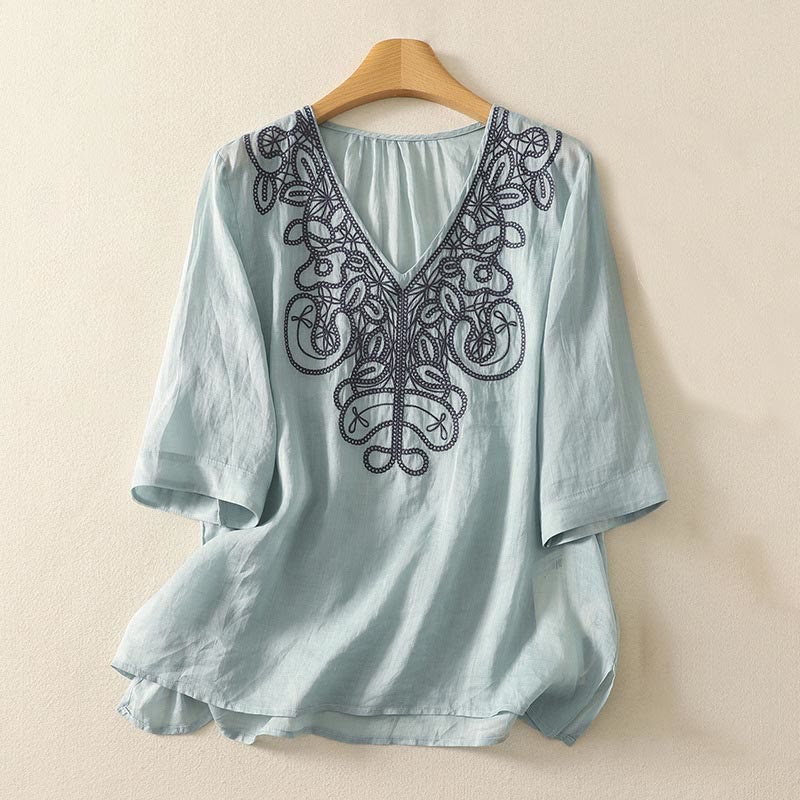Buddha Stones Embroidered V-neck Casual Women's Cotton Linen Half Sleeve T-shirt - PaleTurquoise - US14，UK/AU18，EU46 (2XL) - image 7
