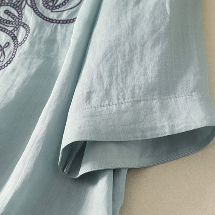 Buddha Stones Embroidered V-neck Casual Women's Cotton Linen Half Sleeve T-shirt - image 12