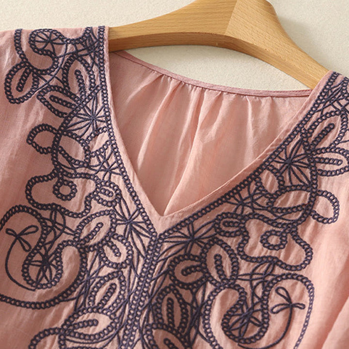 Buddha Stones Embroidered V-neck Casual Women's Cotton Linen Half Sleeve T-shirt - image 15