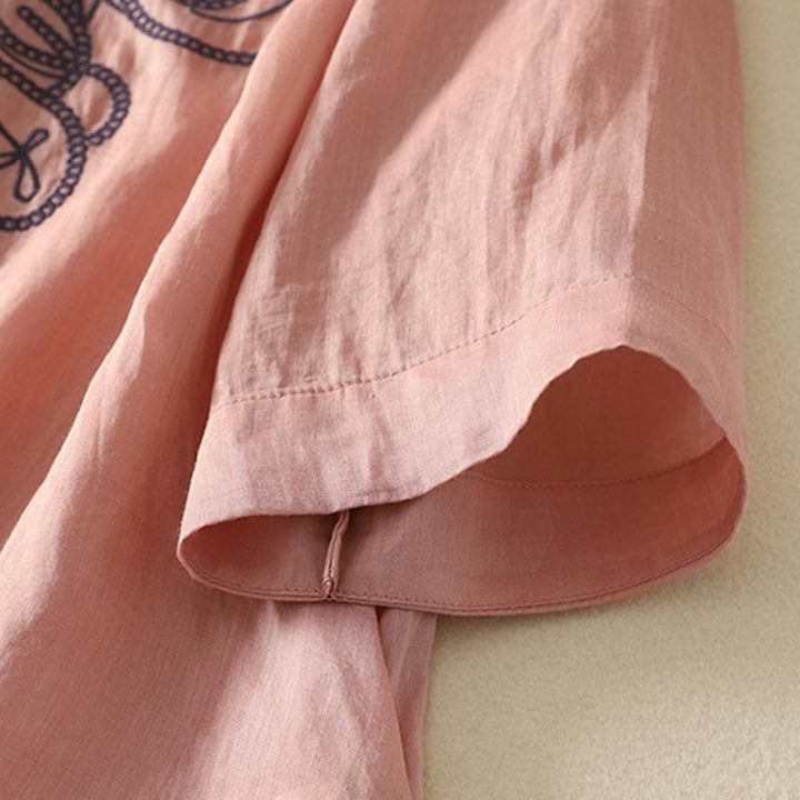 Buddha Stones Embroidered V-neck Casual Women's Cotton Linen Half Sleeve T-shirt - image 15