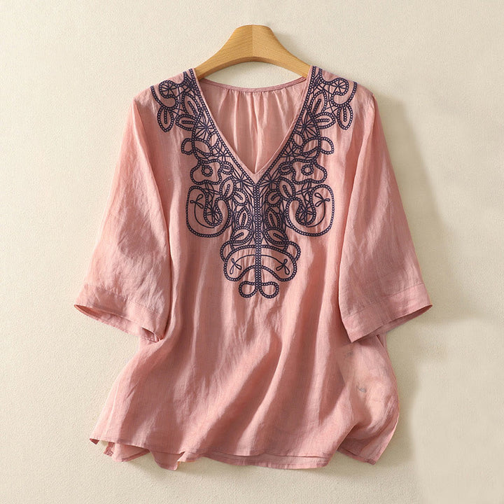 Buddha Stones Embroidered V-neck Casual Women's Cotton Linen Half Sleeve T-shirt - LightCoral - US14，UK/AU18，EU46 (2XL) - image 13