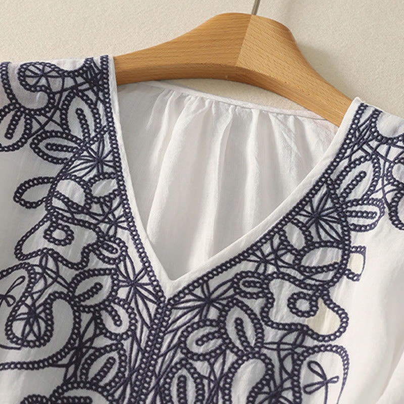 Buddha Stones Embroidered V-neck Casual Women's Cotton Linen Half Sleeve T-shirt - image 22