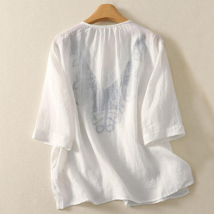 Buddha Stones Embroidered V-neck Casual Women's Cotton Linen Half Sleeve T-shirt - image 20