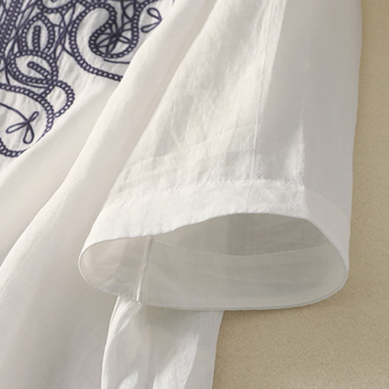 Buddha Stones Embroidered V-neck Casual Women's Cotton Linen Half Sleeve T-shirt - image 25