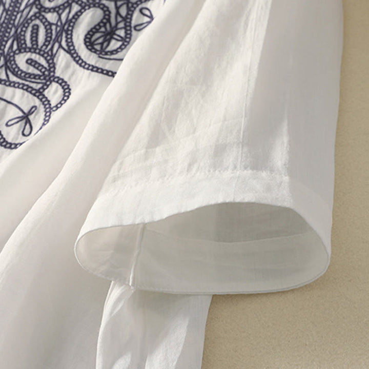 Buddha Stones Embroidered V-neck Casual Women's Cotton Linen Half Sleeve T-shirt - image 25