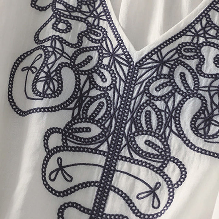Buddha Stones Embroidered V-neck Casual Women's Cotton Linen Half Sleeve T-shirt - image 28