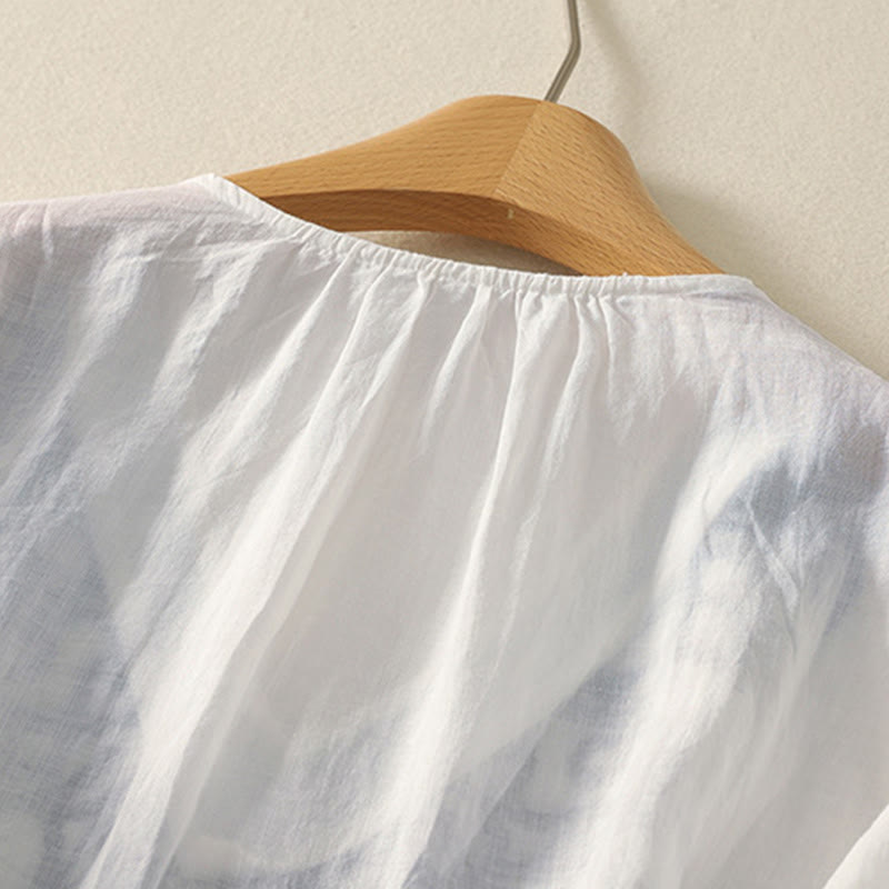 Buddha Stones Embroidered V-neck Casual Women's Cotton Linen Half Sleeve T-shirt - image 22