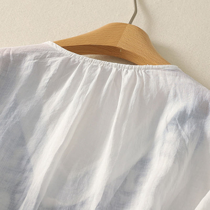 Buddha Stones Embroidered V-neck Casual Women's Cotton Linen Half Sleeve T-shirt - image 22