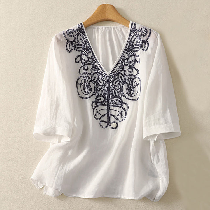 Buddha Stones Embroidered V-neck Casual Women's Cotton Linen Half Sleeve T-shirt - White - US14，UK/AU18，EU46 (2XL) - image 19