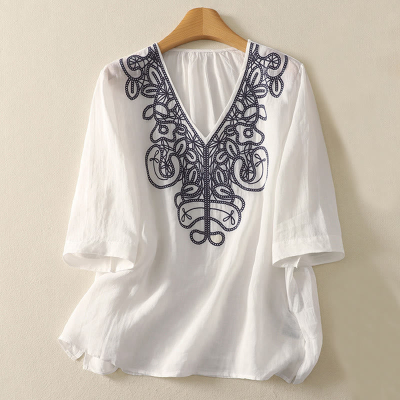 Buddha Stones Embroidered V-neck Casual Women's Cotton Linen Half Sleeve T-shirt - White - US14，UK/AU18，EU46 (2XL) - image 18