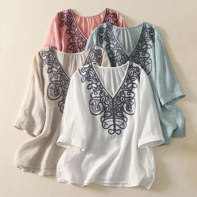 Buddha Stones Embroidered V-neck Casual Women's Cotton Linen Half Sleeve T-shirt - image 29