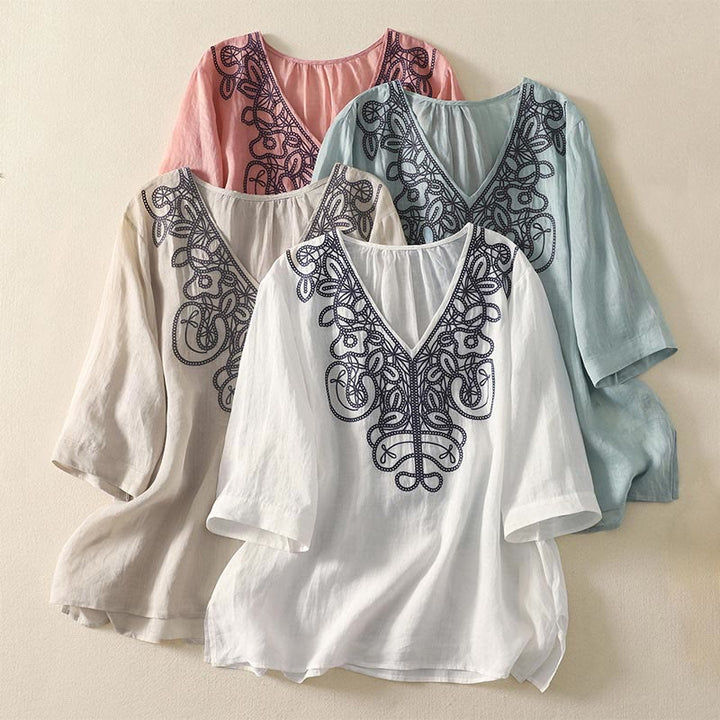 Buddha Stones Embroidered V-neck Casual Women's Cotton Linen Half Sleeve T-shirt - image 29